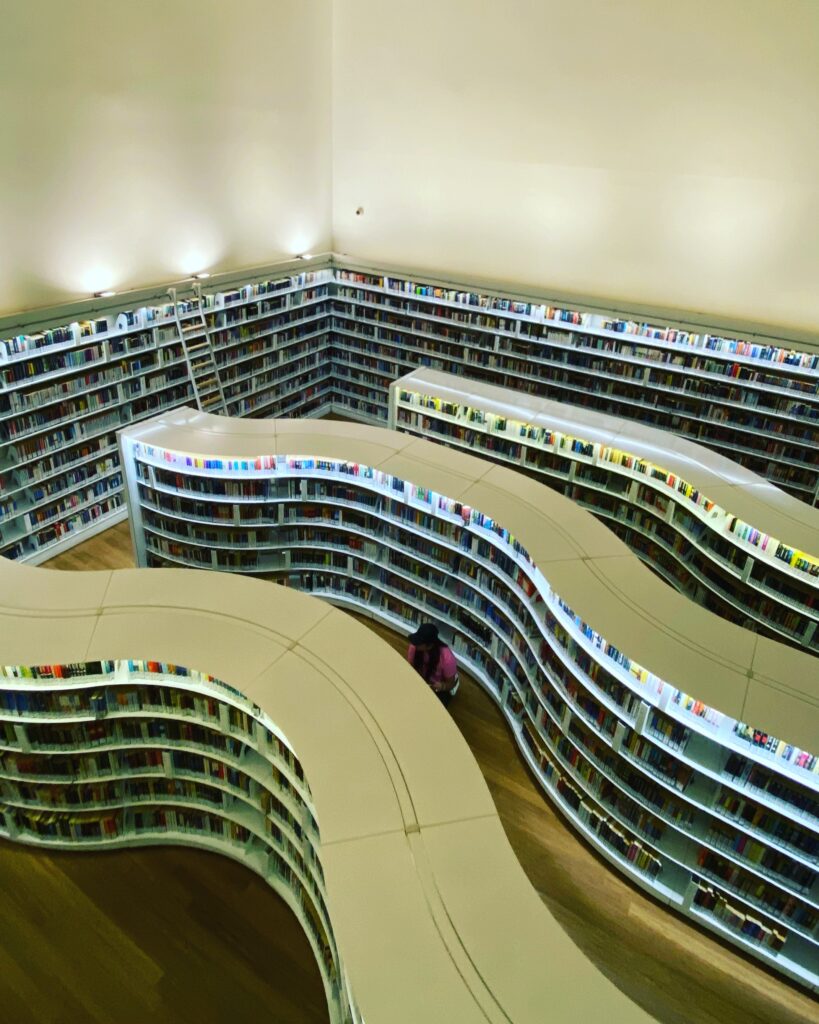 Contemporary library stacks, viewed from above.